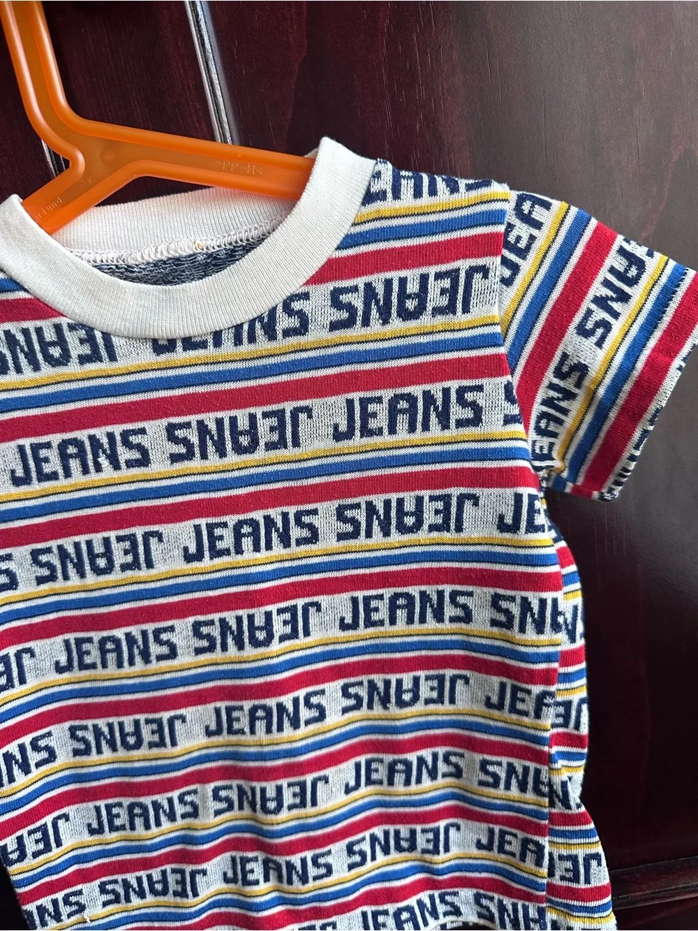 Vintage Striped 'JEANS' Logo Tee - Red, Blue, Yellow & White